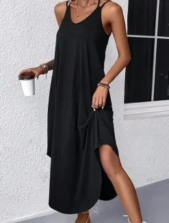 Best Women's Midi Dress Stylish Basic Sexy Vacation Daily Regular Fit Plain Sleeveless V Neck Black Wine Army Green Summer Women Vacation Dresses
