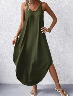 Best Women's Midi Dress Stylish Basic Sexy Vacation Daily Regular Fit Plain Sleeveless V Neck Black Wine Army Green Summer Women Vacation Dresses