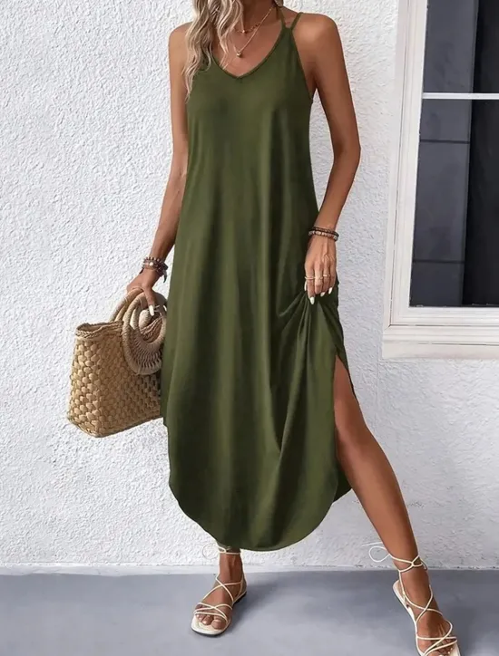 Best Women's Midi Dress Stylish Basic Sexy Vacation Daily Regular Fit Plain Sleeveless V Neck Black Wine Army Green Summer Women Vacation Dresses