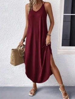 Best Women's Midi Dress Stylish Basic Sexy Vacation Daily Regular Fit Plain Sleeveless V Neck Black Wine Army Green Summer Women Vacation Dresses