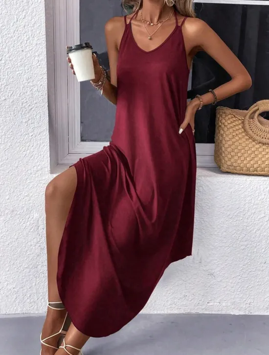 Best Women's Midi Dress Stylish Basic Sexy Vacation Daily Regular Fit Plain Sleeveless V Neck Black Wine Army Green Summer Women Vacation Dresses