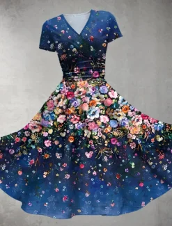 Discount Women's Midi Dress Summer Dress Fit And Flare Dress Party Casual Daily Holiday Regular Fit Floral Graphic Short Sleeve V Neck Red Blue Green Dark Blue Summer Women Vacation Dresses|Casual Dress