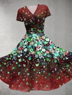 Discount Women's Midi Dress Summer Dress Fit And Flare Dress Party Casual Daily Holiday Regular Fit Floral Graphic Short Sleeve V Neck Red Blue Green Dark Blue Summer Women Vacation Dresses|Casual Dress