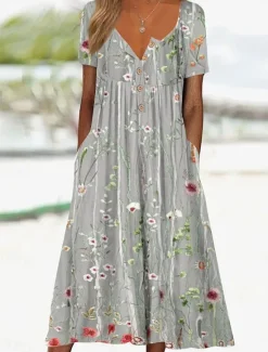 Outlet Women's Midi Dress Summer Dress Pleated Dress Vacation Casual Beach Holiday Loose Fit Floral Graphic Short Sleeve Crew Neck Blue Green Gray Summer Women Casual Dress