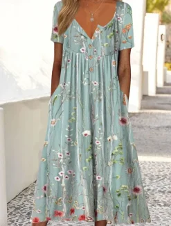 Outlet Women's Midi Dress Summer Dress Pleated Dress Vacation Casual Beach Holiday Loose Fit Floral Graphic Short Sleeve Crew Neck Blue Green Gray Summer Women Casual Dress