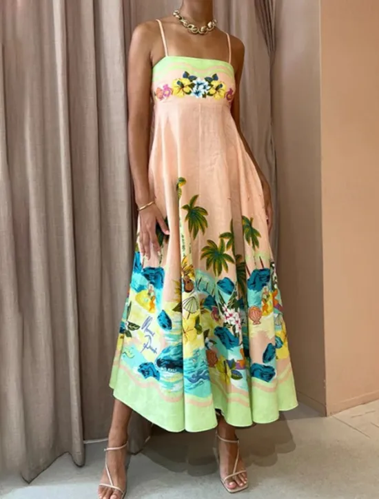 Discount Women's Midi Dress Summer Dress Slip Dress Print Dress Fashion Classic Vacation Beach Weekend Regular Fit Tropical Sleeveless Spaghetti Strap Summer Women Vacation Dresses
