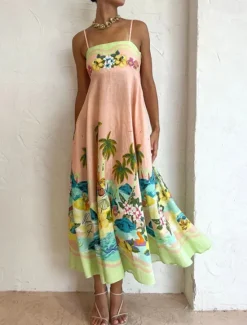 Discount Women's Midi Dress Summer Dress Slip Dress Print Dress Fashion Classic Vacation Beach Weekend Regular Fit Tropical Sleeveless Spaghetti Strap Summer Women Vacation Dresses