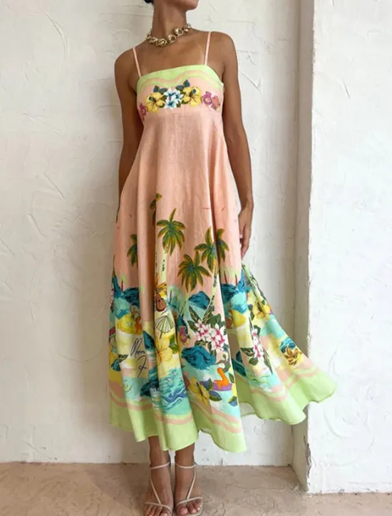 Discount Women's Midi Dress Summer Dress Slip Dress Print Dress Fashion Classic Vacation Beach Weekend Regular Fit Tropical Sleeveless Spaghetti Strap Summer Women Vacation Dresses