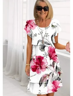 Online Women's Midi Dress Summer Dress Print Dress Elegant Daily Regular Fit Floral Geometric Short Sleeve Crew Neck Light Yellow Light Pink Bright pink Pink Summer Women Floral Dresses