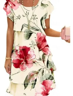 Online Women's Midi Dress Summer Dress Print Dress Elegant Daily Regular Fit Floral Geometric Short Sleeve Crew Neck Light Yellow Light Pink Bright pink Pink Summer Women Floral Dresses