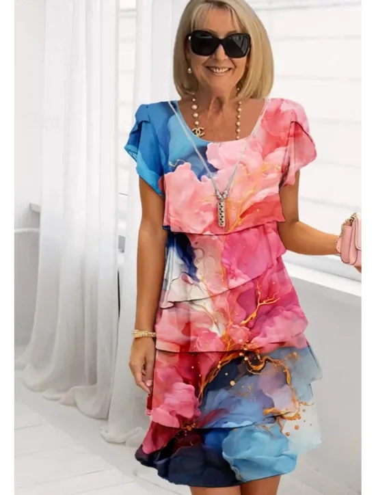 Online Women's Midi Dress Summer Dress Print Dress Elegant Daily Regular Fit Floral Geometric Short Sleeve Crew Neck Light Yellow Light Pink Bright pink Pink Summer Women Floral Dresses