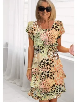 Online Women's Midi Dress Summer Dress Print Dress Elegant Daily Regular Fit Floral Geometric Short Sleeve Crew Neck Light Yellow Light Pink Bright pink Pink Summer Women Floral Dresses