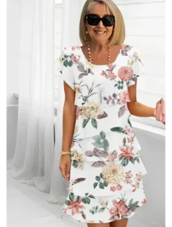 Online Women's Midi Dress Summer Dress Print Dress Elegant Daily Regular Fit Floral Geometric Short Sleeve Crew Neck Light Yellow Light Pink Bright pink Pink Summer Women Floral Dresses