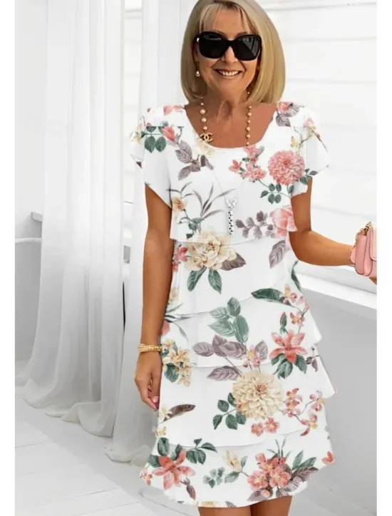 Online Women's Midi Dress Summer Dress Print Dress Elegant Daily Regular Fit Floral Geometric Short Sleeve Crew Neck Light Yellow Light Pink Bright pink Pink Summer Women Floral Dresses