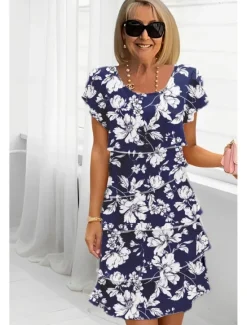 Online Women's Midi Dress Summer Dress Print Dress Elegant Daily Regular Fit Floral Geometric Short Sleeve Crew Neck Light Yellow Light Pink Bright pink Pink Summer Women Floral Dresses