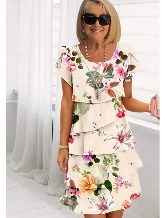 Online Women's Midi Dress Summer Dress Print Dress Elegant Daily Regular Fit Floral Geometric Short Sleeve Crew Neck Light Yellow Light Pink Bright pink Pink Summer Women Floral Dresses
