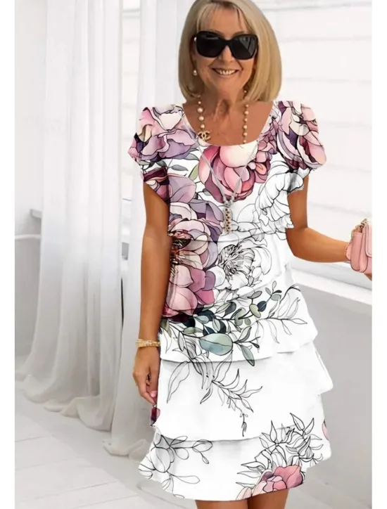 Online Women's Midi Dress Summer Dress Print Dress Elegant Daily Regular Fit Floral Geometric Short Sleeve Crew Neck Light Yellow Light Pink Bright pink Pink Summer Women Floral Dresses
