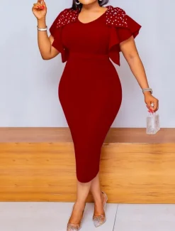 Outlet Women's Midi Dress Summer Dress Solid Color Bodycon Dress Puff Sleeve Dress Elegant Semi Formal Party Wedding Guest Engagement Regular Fit Graphic Short Sleeve V Neck Black Wine Fuchsia Summer Women Cocktail Dress