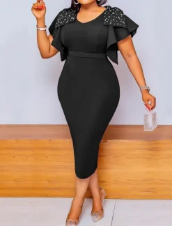 Outlet Women's Midi Dress Summer Dress Solid Color Bodycon Dress Puff Sleeve Dress Elegant Semi Formal Party Wedding Guest Engagement Regular Fit Graphic Short Sleeve V Neck Black Wine Fuchsia Summer Women Cocktail Dress