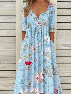Discount Women's Midi Dress Summer Dress Pleated Dress Vacation Casual Beach Holiday Regular Fit Floral Graphic Short Sleeve Crew Neck Blue Purple Orange Summer Women Casual Dress