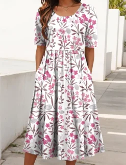 Women's Midi Dress Summer Dress Pleated Dress Vacation Casual Beach Daily Holiday Regular Fit Floral Graphic Short Sleeve Crew Neck Yellow Pink Blue Summer Spring Women Casual Dress