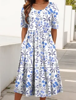 Women's Midi Dress Summer Dress Pleated Dress Vacation Casual Beach Daily Holiday Regular Fit Floral Graphic Short Sleeve Crew Neck Yellow Pink Blue Summer Spring Women Casual Dress