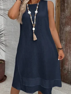 Discount Women's Midi Dress Summer Dress Casual Daily Regular Fit Solid Color Sleeveless Crew Neck White Navy Blue Summer Women Sundresses