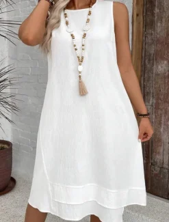 Discount Women's Midi Dress Summer Dress Casual Daily Regular Fit Solid Color Sleeveless Crew Neck White Navy Blue Summer Women Sundresses