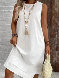 Discount Women's Midi Dress Summer Dress Casual Daily Regular Fit Solid Color Sleeveless Crew Neck White Navy Blue Summer Women Sundresses