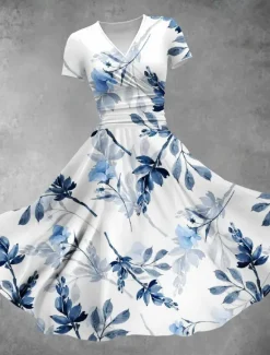 Clearance Women's Midi Dress Summer Dress Fit And Flare Dress Party Casual Daily Holiday Regular Fit Floral Graphic Short Sleeve V Neck Yellow Red Blue Purple Summer Women Casual Dress