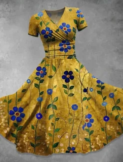 Clearance Women's Midi Dress Summer Dress Fit And Flare Dress Party Casual Daily Holiday Regular Fit Floral Graphic Short Sleeve V Neck Yellow Red Blue Purple Summer Women Casual Dress