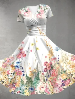 New Women's Midi Dress Summer Dress Fit And Flare Dress Party Casual Daily Holiday Regular Fit Floral Graphic Short Sleeve V Neck Yellow Red Blue Purple Summer Women Casual Dress|Vacation Dresses