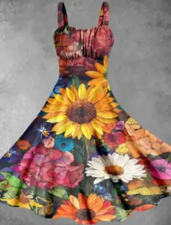 Discount Women's Midi Dress Summer Dress Stylish Casual Vacation Home Date Form Fit Graphic Sleeveless Strap Yellow Pink Red Burgundy Summer Women Floral Dresses