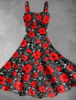 Discount Women's Midi Dress Summer Dress Stylish Casual Vacation Home Date Form Fit Graphic Sleeveless Strap Yellow Pink Red Burgundy Summer Women Floral Dresses