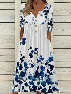 Best Women's Midi Dress Summer Dress Pleated Dress Vacation Casual Beach Holiday Regular Fit Floral Graphic Short Sleeve Crew Neck White Blue Light Blue Summer Women Casual Dress