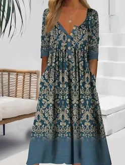 Best Women's Midi Dress Summer Dress Pleated Dress Vacation Casual Beach Holiday Regular Fit Floral Graphic Short Sleeve Crew Neck White Blue Light Blue Summer Women Casual Dress