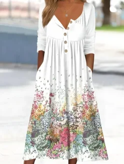 Best Women's Midi Dress Summer Dress Pleated Dress Vacation Casual Beach Holiday Regular Fit Floral Graphic Short Sleeve Crew Neck White Blue Light Blue Summer Women Casual Dress