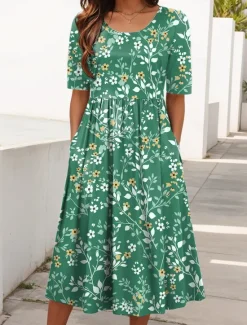 Outlet Women's Midi Dress Summer Dress Vacation Casual Beach Holiday Regular Fit Floral Graphic Short Sleeve Crew Neck Red Blue Green Summer Women Casual Dress