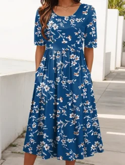 Outlet Women's Midi Dress Summer Dress Vacation Casual Beach Holiday Regular Fit Floral Graphic Short Sleeve Crew Neck Red Blue Green Summer Women Casual Dress