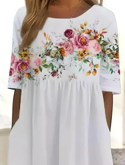 Online Women's Midi Dress Sundress Summer Dress Slip Dress Vacation Casual Beach Birthday Daily Holiday Loose Fit Floral Graphic Short Sleeve Crew Neck Summer Women Casual Dress
