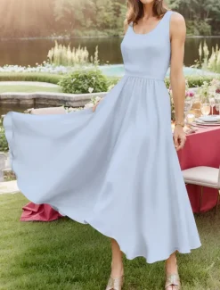 Discount Women's Midi Dress Sundress A Line Dress Off The Shoulder Dress Vacation Casual Beach Outdoor Party Going out Regular Fit Solid Color Graphic Plain Sleeveless U Neck White Pink Wine Navy Blue Summer Women Sundresses