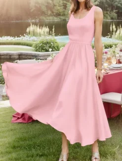 Discount Women's Midi Dress Sundress A Line Dress Off The Shoulder Dress Vacation Casual Beach Outdoor Party Going out Regular Fit Solid Color Graphic Plain Sleeveless U Neck White Pink Wine Navy Blue Summer Women Sundresses