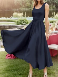 Discount Women's Midi Dress Sundress A Line Dress Off The Shoulder Dress Vacation Casual Beach Outdoor Party Going out Regular Fit Solid Color Graphic Plain Sleeveless U Neck White Pink Wine Navy Blue Summer Women Sundresses