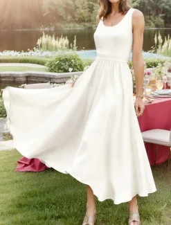 Discount Women's Midi Dress Sundress A Line Dress Off The Shoulder Dress Vacation Casual Beach Outdoor Party Going out Regular Fit Solid Color Graphic Plain Sleeveless U Neck White Pink Wine Navy Blue Summer Women Sundresses