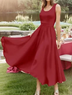 Discount Women's Midi Dress Sundress A Line Dress Off The Shoulder Dress Vacation Casual Beach Outdoor Party Going out Regular Fit Solid Color Graphic Plain Sleeveless U Neck White Pink Wine Navy Blue Summer Women Sundresses