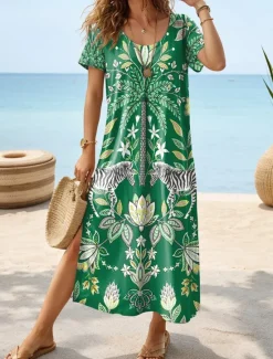 Sale Women's Midi Dress Sundress A Line Dress Vacation Casual Boho Butterfly Sleeve Vacation Beach Regular Fit Graphic Geometric Paisley Short Sleeve Crewneck Light Blue Purple Green Summer Women Vacation Dresses