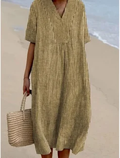 Sale Women's Midi Dress Sundress A Line Dress Vacation Casual Beach Party Going out Beach Loose Fit Graphic Geometric Stripe Half Sleeve V Neck Yellow Blue Dark Gray Summer Spring Women Vacation Dresses