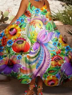 Clearance Women's Midi Dress Sundress Summer Dress Slip Dress Fit And Flare Dress Vacation Casual Boho Cold Shoulder Vacation Party Casual Oversized Floral Graphic Sleeveless Strap White Light Green Light Women Vacation Dresses