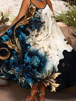 Clearance Women's Midi Dress Sundress Summer Dress Slip Dress Fit And Flare Dress Vacation Casual Boho Cold Shoulder Vacation Party Casual Oversized Floral Graphic Sleeveless Strap White Light Green Light Women Vacation Dresses