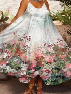 Clearance Women's Midi Dress Sundress Summer Dress Slip Dress Fit And Flare Dress Vacation Casual Boho Cold Shoulder Vacation Party Casual Oversized Floral Graphic Sleeveless Strap White Light Green Light Women Vacation Dresses